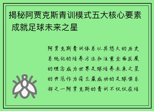 揭秘阿贾克斯青训模式五大核心要素 成就足球未来之星