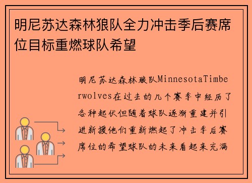 明尼苏达森林狼队全力冲击季后赛席位目标重燃球队希望