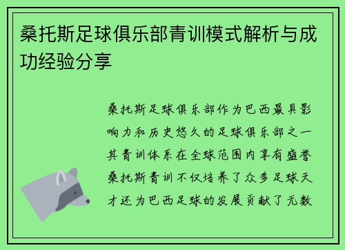 桑托斯足球俱乐部青训模式解析与成功经验分享