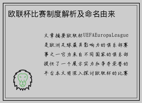 欧联杯比赛制度解析及命名由来